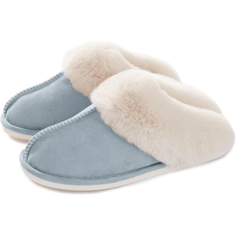 Women's Light Blue Fluffy Cozy Winter Warm Memory Foam Slip On Slippers Shoes